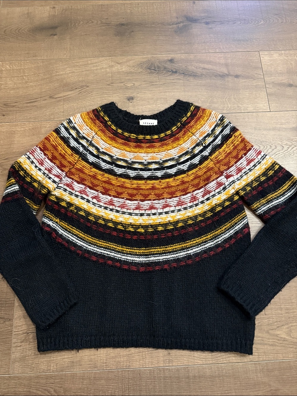 Sezane Black Crewneck Sweater with Mustard, Red & White Fair Isle Yoke